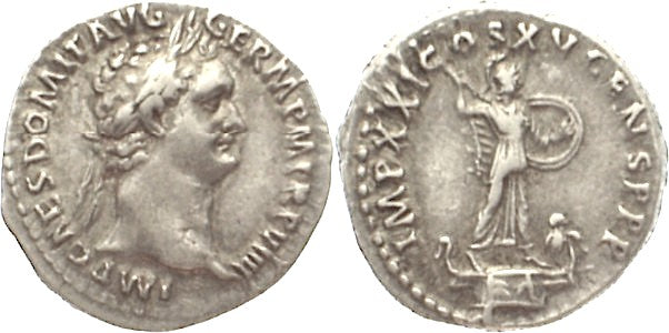 DOMITIAN, STANDING IN BOAT, DENARIUS