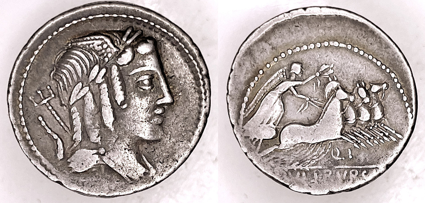 AR DENARIUS, L. JULIUS BURSIO, QUADRIGA